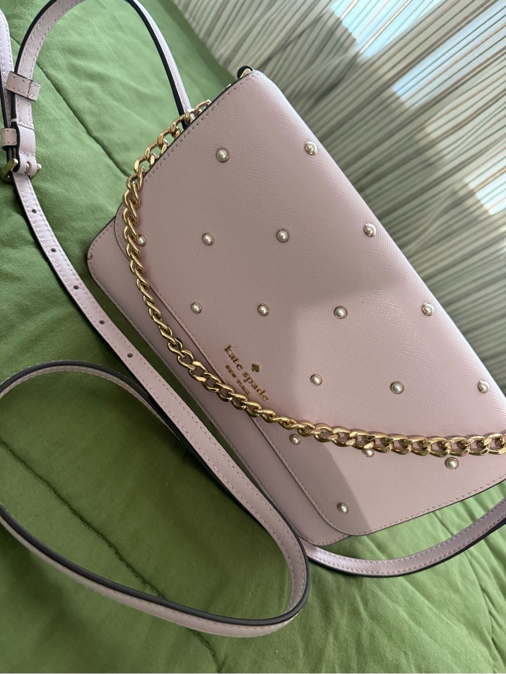 kate spade blush pink pearl-studded crossbody with gold chain